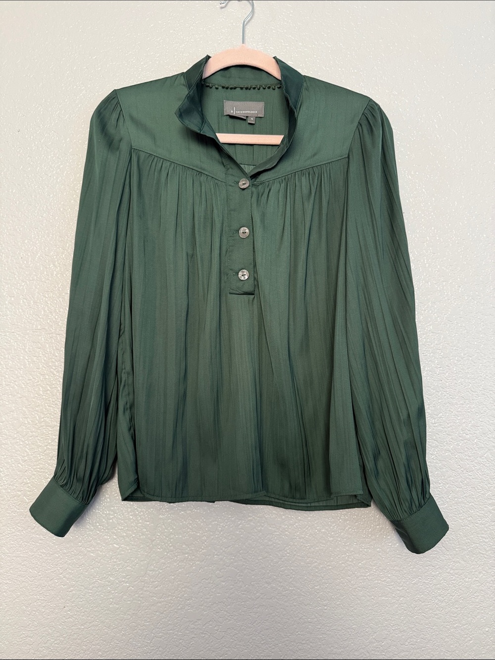 Anthropologie Forest Green Pleated Button-Front Blouse